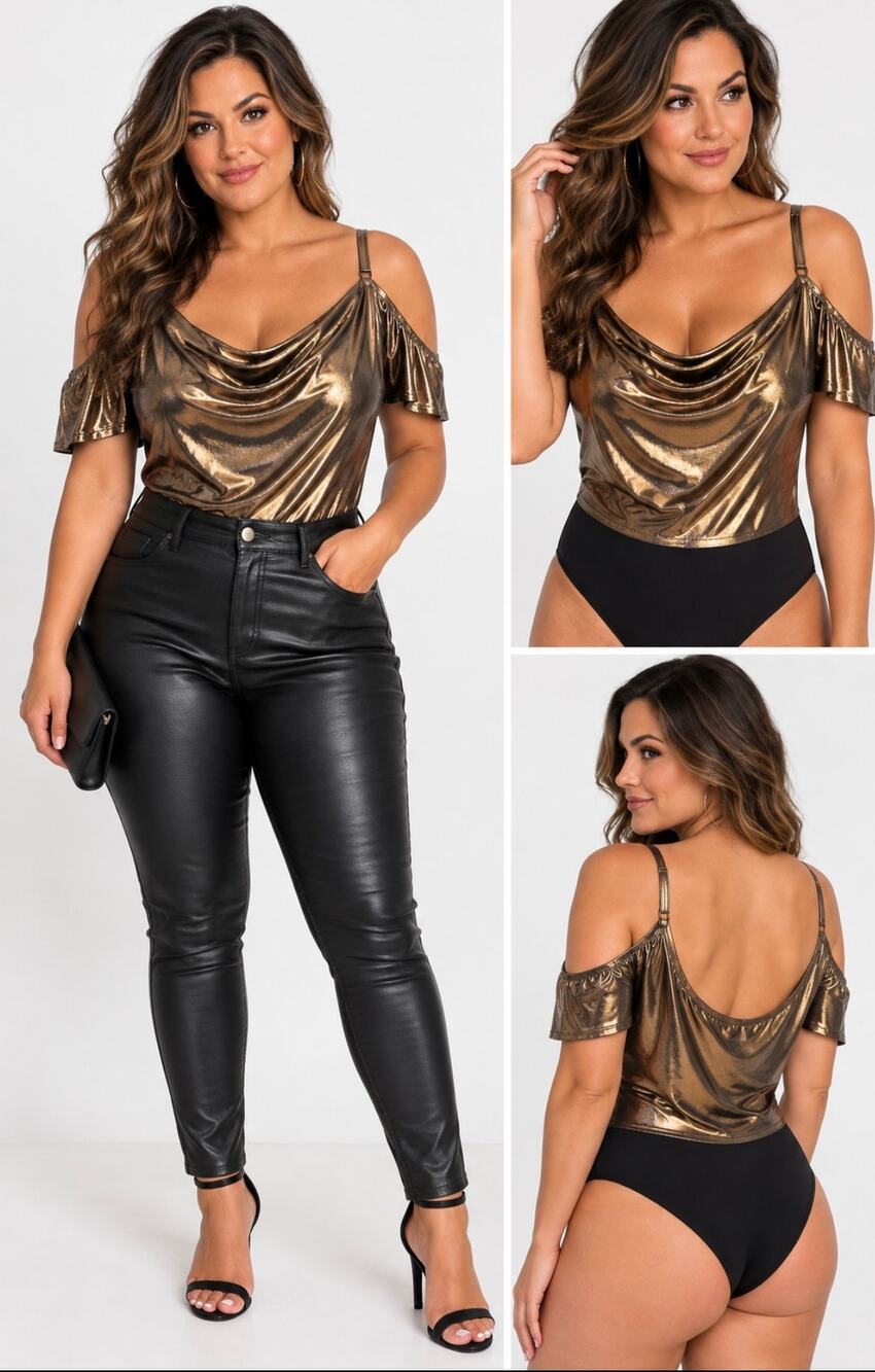 Torrid Size 1 Metallic Gold Bronze Bodysuit Cold Shoulder Cowl Neck Party Top